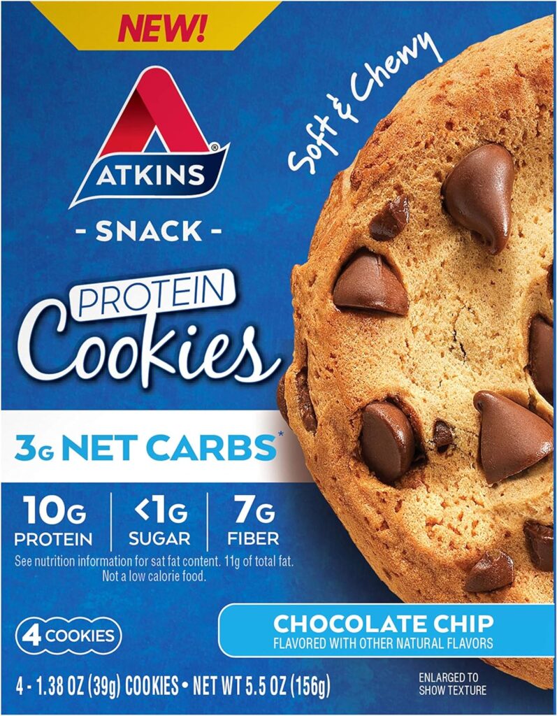 Atkins Chocolate Chip Protein Cookie, Protein Dessert, Rich in Fiber, 3g Net Carb, 1g Sugar, Keto Friendly, 4 Count