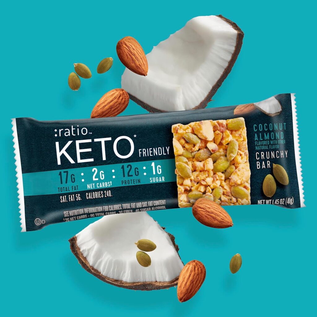 :ratio KETO Friendly Crunchy Bars, Vanilla Almond, Gluten Free Snack, 4 ct