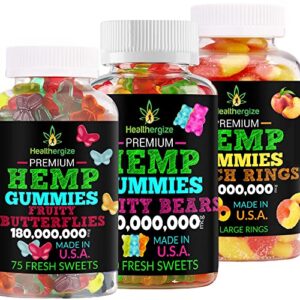 3PACK Hemp Gummies Premium-Hemp Gummy Bears, Fruit Butterflies and Fresh Peach Rings-for Sleep, Calm, Relax, Muscles, Back, Discomfort, Inflammation-Natural Hemp Party-Made in USA